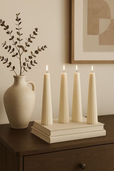 Doric Dekoratif Spiral Mum 4'lü Set - Krem Renk | El Yapımı | Kokusuz