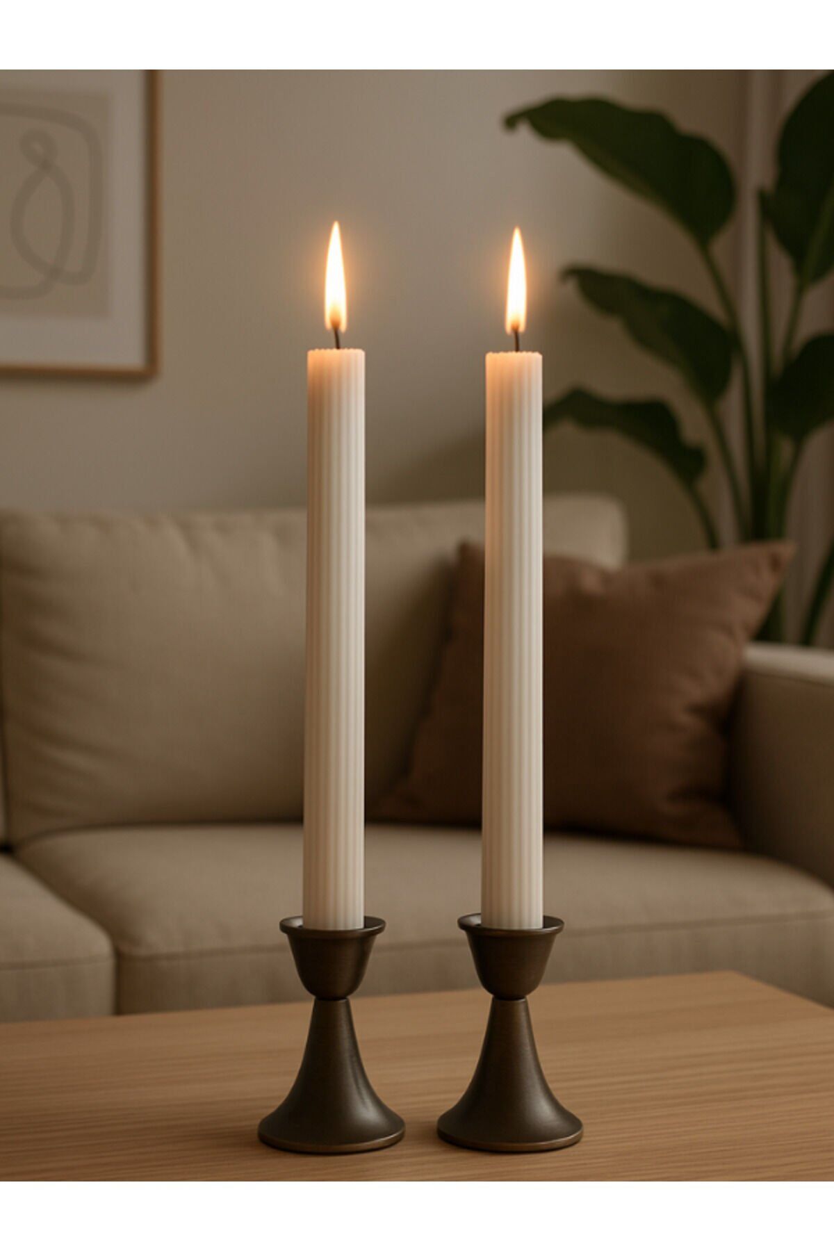 Oluklu – 2’li İnce Beyaz Mum | El Yapımı | Şamdan Uyumlu