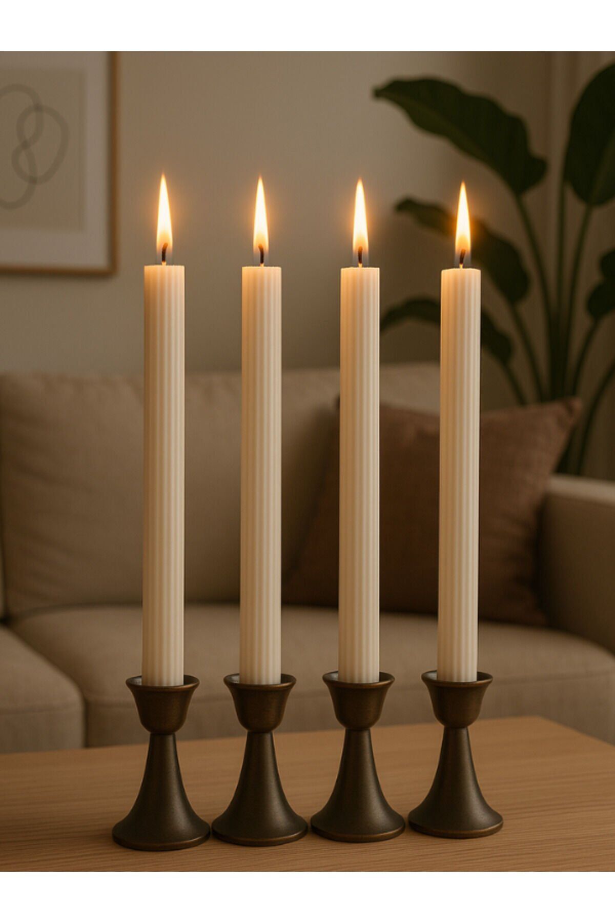 Oluklu – 4’lü İnce Beyaz Mum | El Yapımı | Şamdan Uyumlu