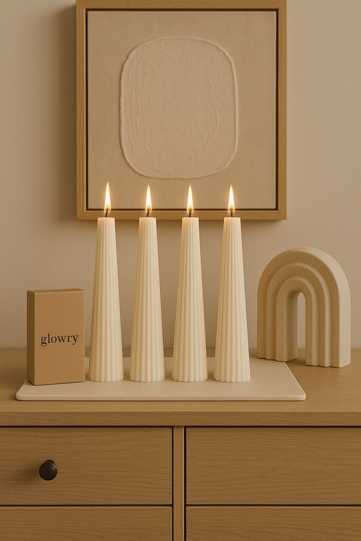 Doric Dekoratif Spiral Mum 4'lü Set - Krem Renk | El Yapımı | Kokusuz Ekru - 42 X 4