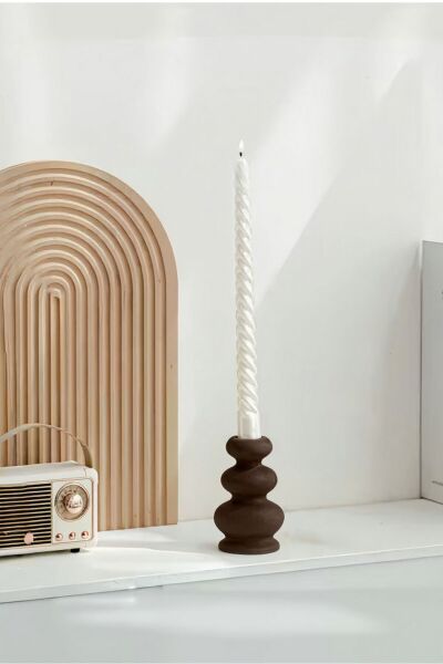 Duo - Modern Bej Seramik Görünümlü Şamdan Mumluk - 2'li set Kahverengi - 7 X 10