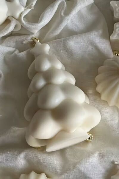 Tiho - Yeni Yıl Çam Ağacı Mum - %100 Soya Wax - 2'li Set Beyaz - 7 X 10