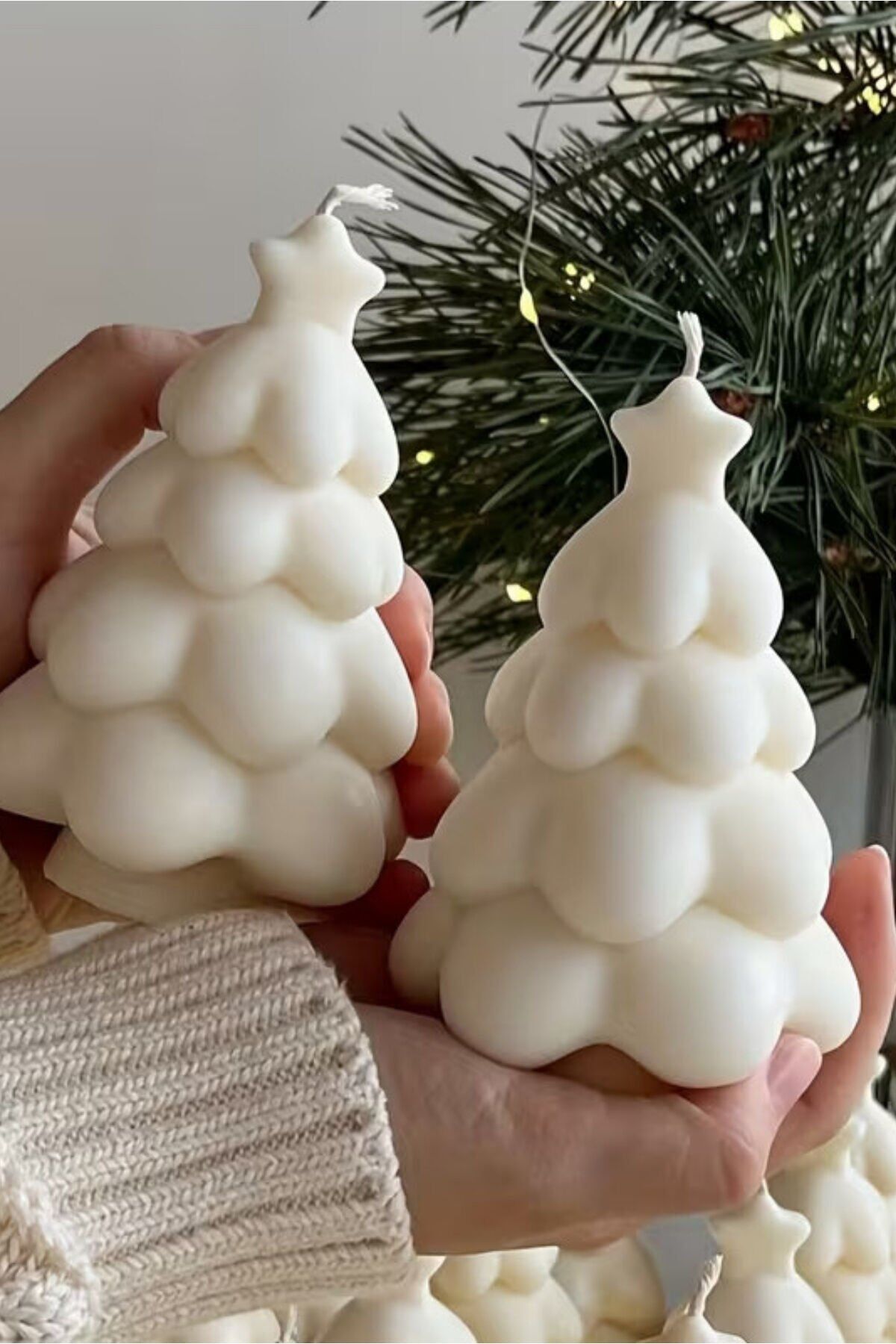 Tiho - Yeni Yıl Çam Ağacı Mum - %100 Soya Wax - 2'li Set Beyaz - 7 X 10