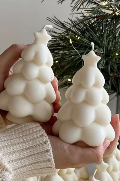 Tiho - Yeni Yıl Çam Ağacı Mum - %100 Soya Wax - 2'li Set Beyaz - 7 X 10