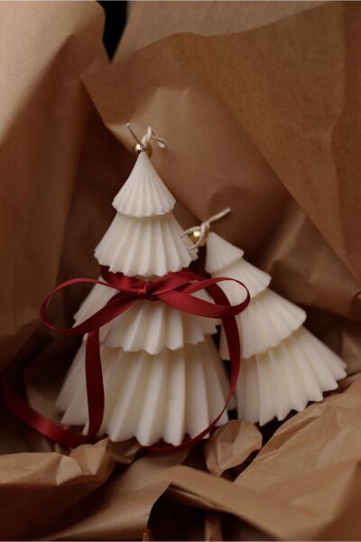 Treny - Yeni Yıl Çam Ağacı Mum - %100 Soya Wax - 2'li Set Beyaz - 9 X 13