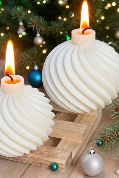 Vela Yeni Yıl Yuvarlak Mum - %100 Soya Wax - 2'li Set Beyaz - 7 X 7