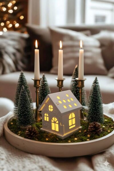 Yılbaşı Işıklı Mini Ev Objesi – 10 cm |Kurulabilir & Boyanabilir Tealight Hediyeli Beyaz - 10 X 10